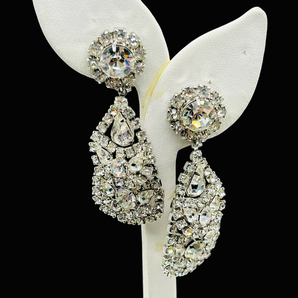 Huge Vintage Clear Rhinestone Long Shoulder Duster Earrings